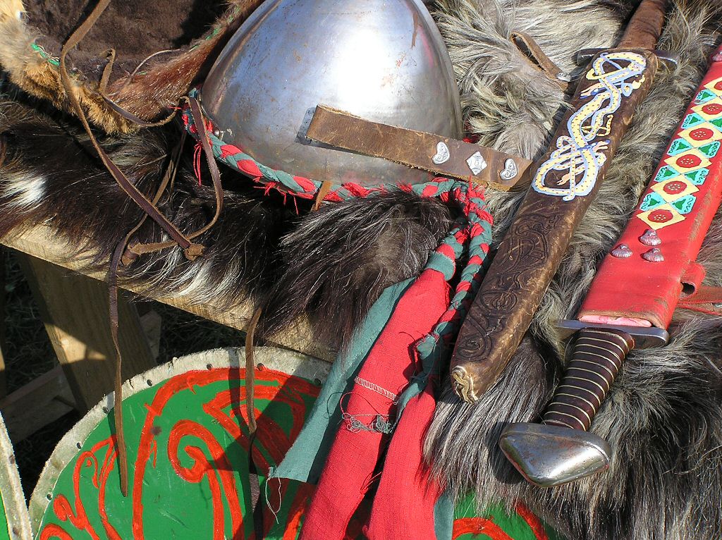 Saxon Warrior's armoured helmet swords and shield used at 1066 Battle of Hastings 