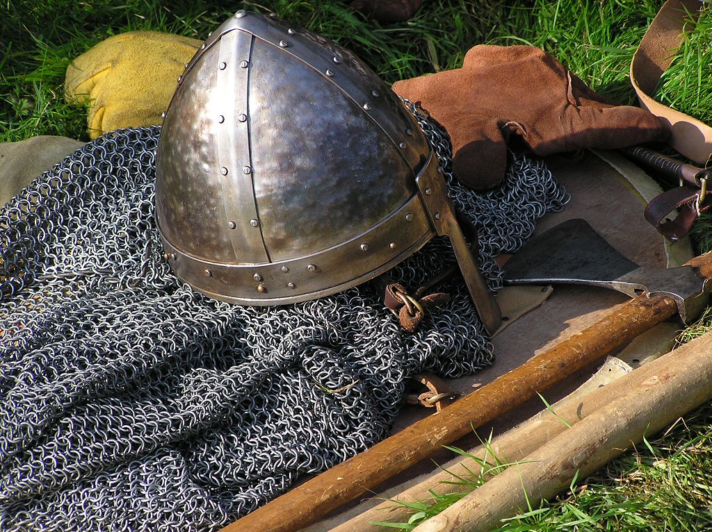 Norman Knight's Mail Coat and armoured helmet with nose guard and battle axe