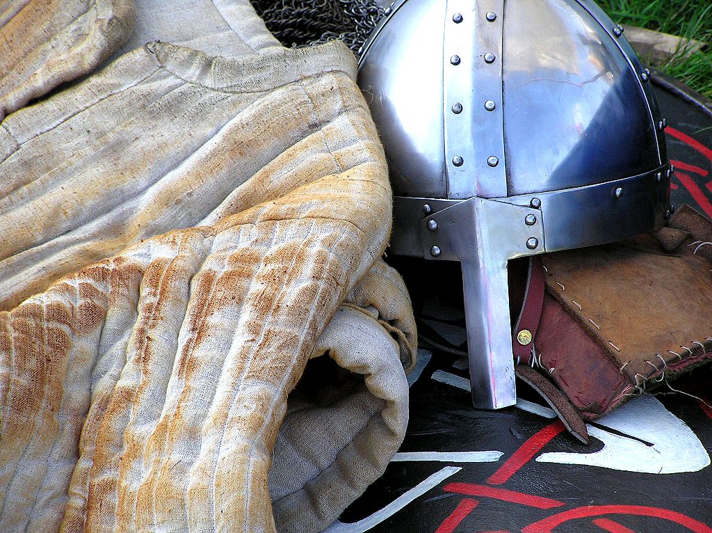 1066 Battle of Hastings Norman Knight's under chain mail jerking and armoured Helmet with nose guard